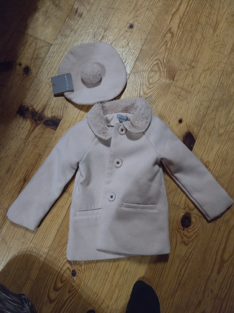 Tahari Girls Cream Coat with Faux Fur Collar and Pom Beret